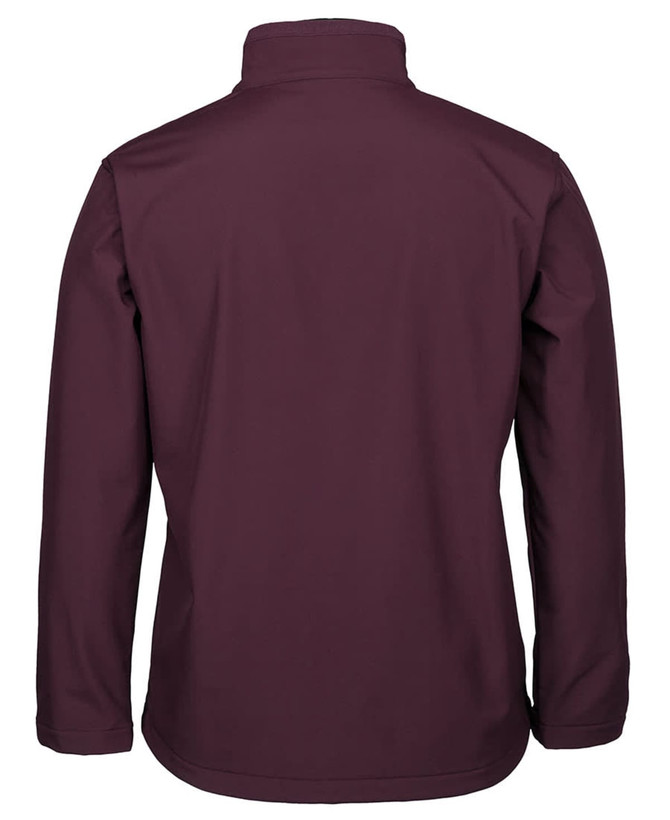 A soft shell jacket in a deep burgundy colour, featuring a high collar and a plain back design.