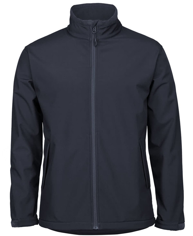 A dark navy soft shell jacket with a front zip and two side pockets. Includes a logo.