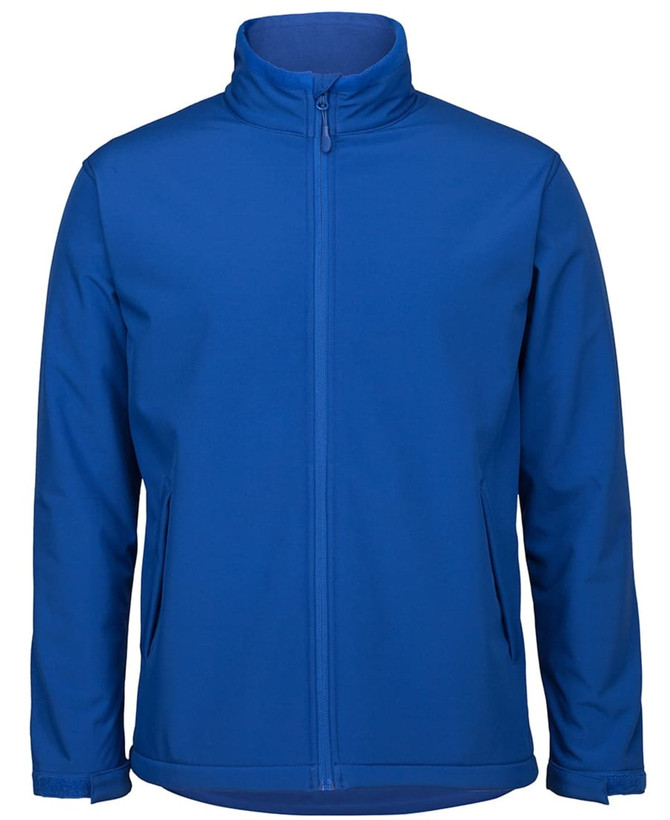 A blue soft shell jacket featuring a zip front and a collar, with a logo present.
