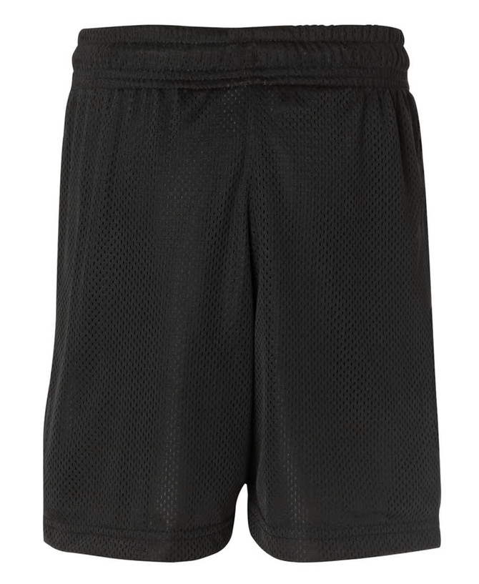 Black sports shorts made from a breathable mesh fabric, featuring an elastic waistband and a logo.