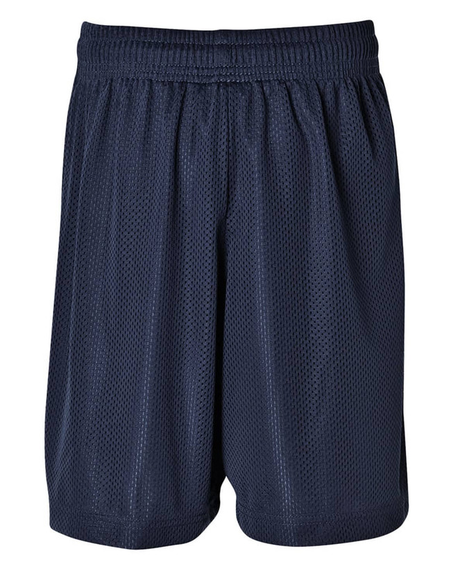 Navy sports shorts featuring a breathable mesh fabric and an elastic waistband. Includes branding on the garment.