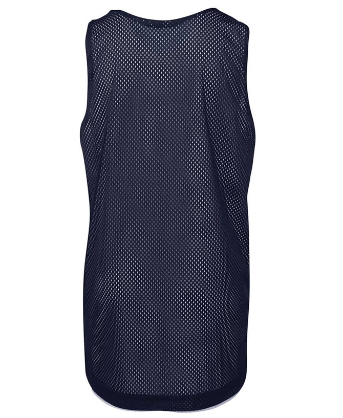 A navy blue singlet with a mesh design and a branding logo on the back.
