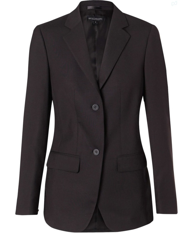 A black mid-length women's jacket with two buttons and a tailored design, featuring pockets and a single vent.