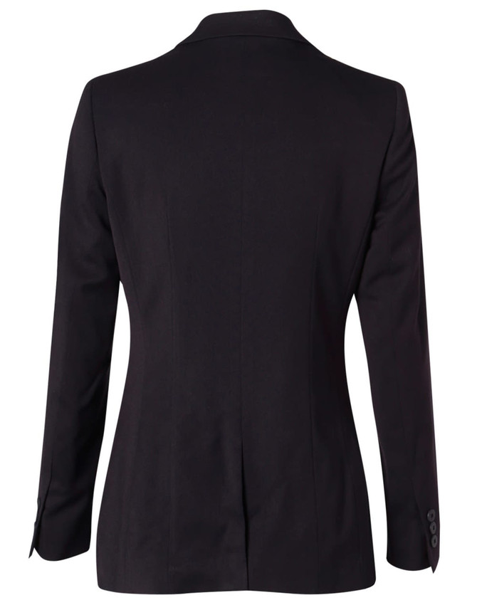 A mid-length women's black jacket with two buttons and long sleeves, featuring a fitted design and back seam detailing.