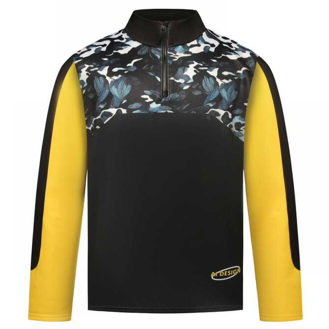 A pullover featuring a floral and leaf pattern in shades of blue, with black and yellow contrasting sleeves.