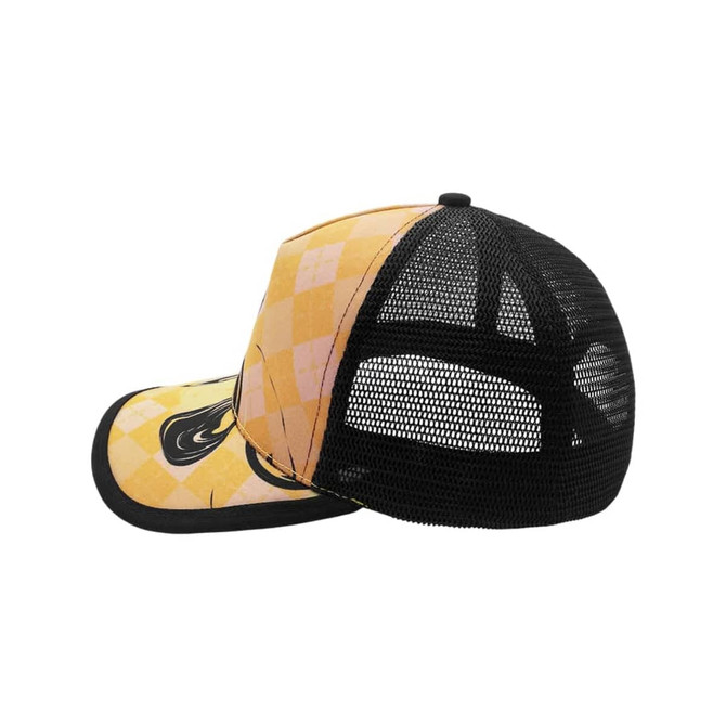 A black and yellow sublimated hat featuring a mesh back and a vibrant, patterned front. It includes a logo.