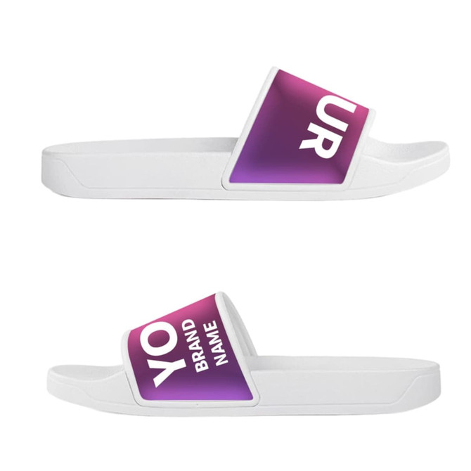 A pair of white slippers featuring a gradient purple design with branding on the straps.