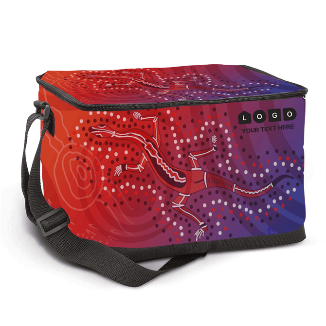A cooler bag featuring vibrant red and purple colours with an indigenous art design and a logo on the front.