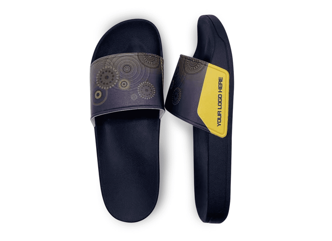 A pair of navy blue slippers featuring a decorative patterned strap and a branded section.
