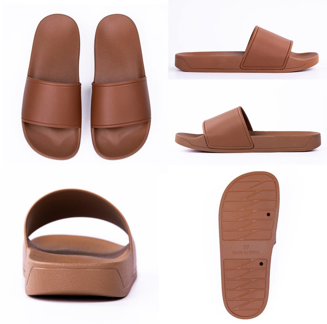 Brown slippers with a simple design, featuring two wide straps and a textured sole. The image includes various angles.