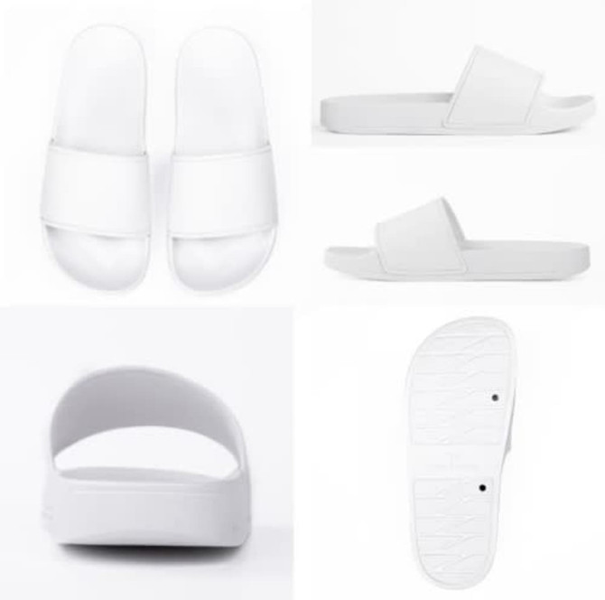 White slippers with a simple design featuring two straps and a textured sole. The image displays multiple angles.