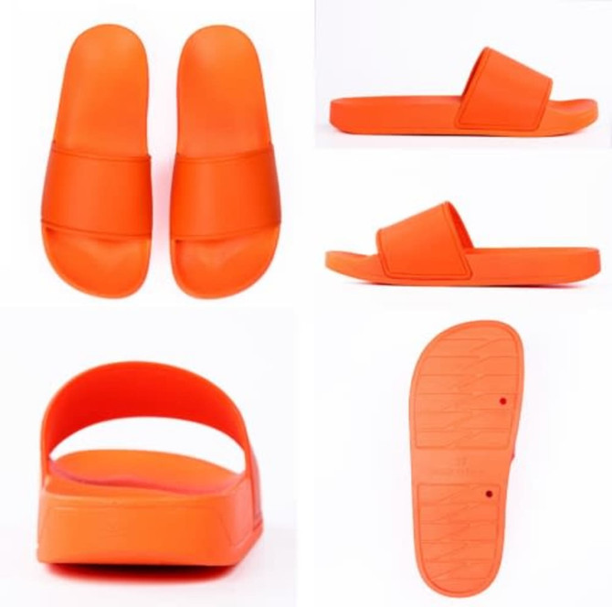 Bright orange slippers featuring a single strap design, shown from various angles, including the sole and back view.