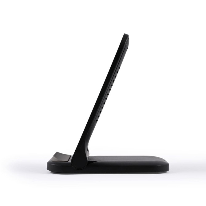 A sleek black wireless charger designed for efficient phone charging, featuring a stand for easy viewing.