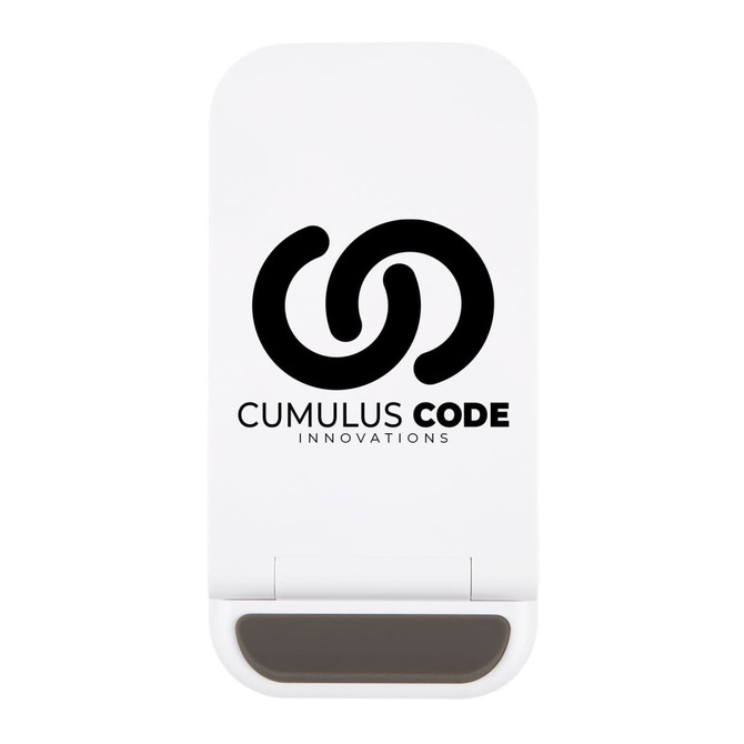 A white wireless charger with a logo featuring two intertwined shapes and a gray charging pad at the bottom.