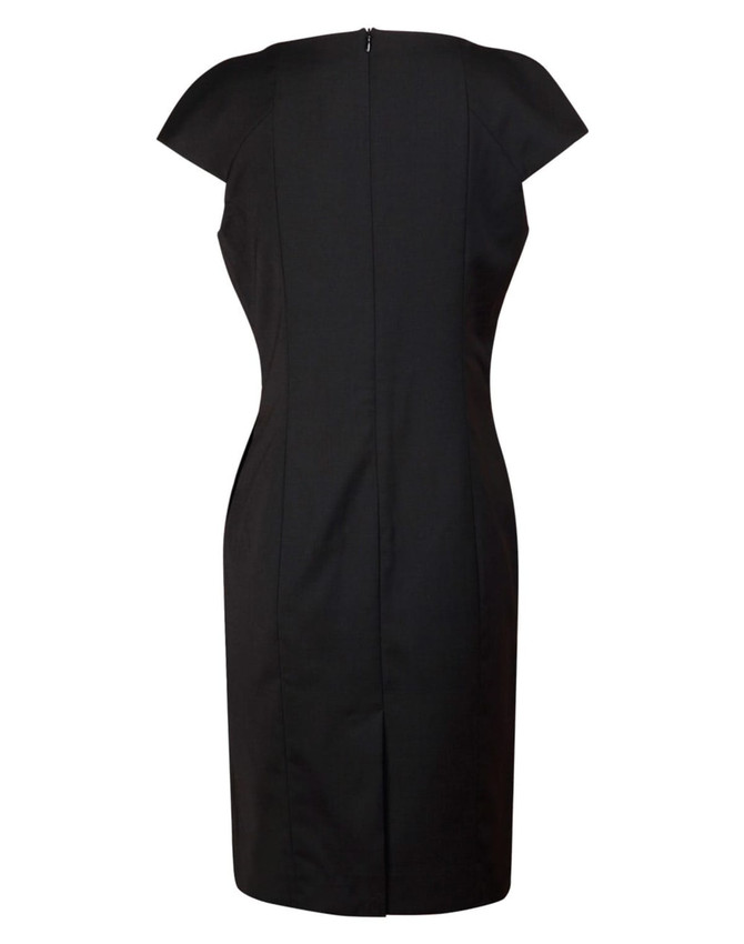 A black ladies' wool blend stretch cap sleeve dress with a fitted silhouette and a back zipper.