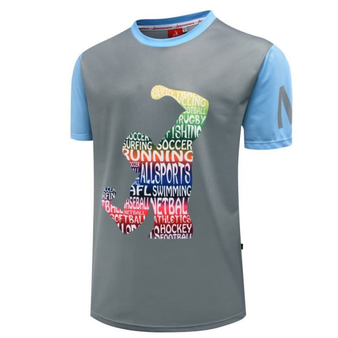 A grey and blue T-shirt featuring a colourful graphic made up of various sports-related words. It has a logo.