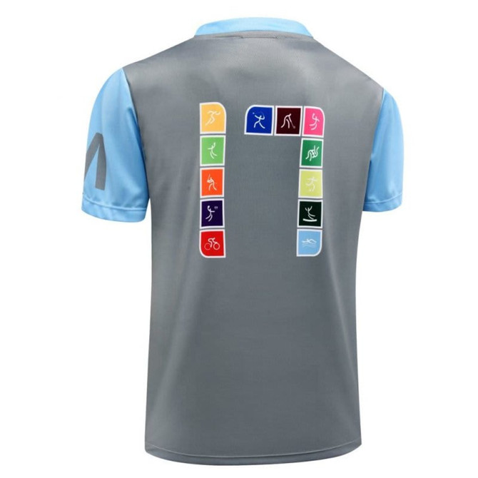 A grey sports tee with short blue sleeves featuring various activity icons on the back. It has a logo on the front.