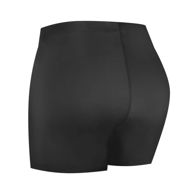 A pair of black shorts with a snug fit and a seamless design, featuring a logo on the waistband.