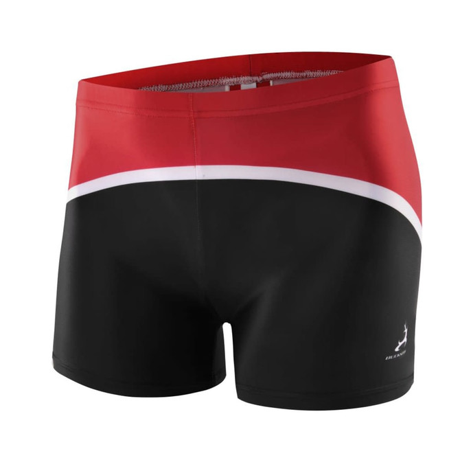 A pair of men's shorts featuring a design in red, black, and white with a logo on the side.