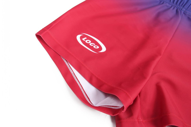Red and blue gradient women's tight shorts featuring a logo on the side.