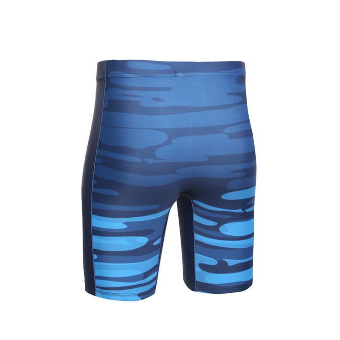 Tight shorts featuring a blue and navy abstract wave pattern with a logo on the side.
