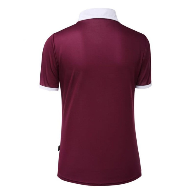 A maroon women's polo shirt featuring a white collar and short sleeves. The shirt has a logo on the back.