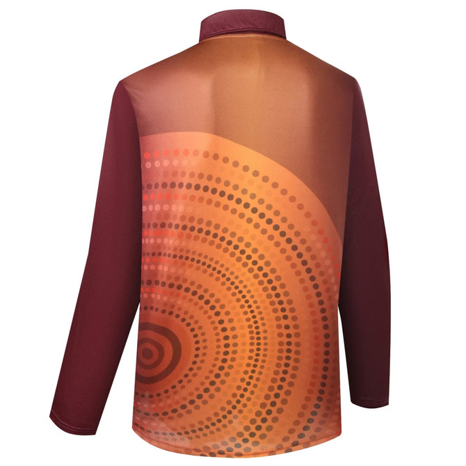 A long-sleeved polo shirt in maroon with an orange and brown circular design on the back, featuring a logo.