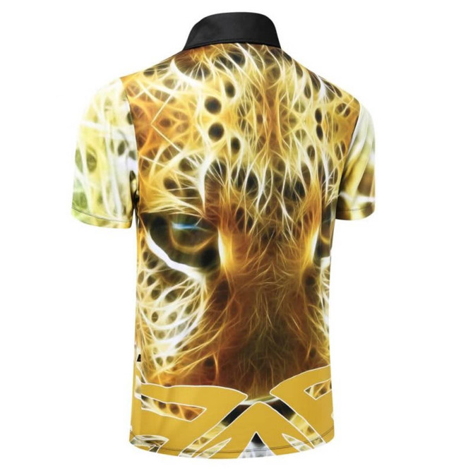 A leopard-print polo shirt featuring a vivid animal design in shades of yellow and brown, with a black collar.