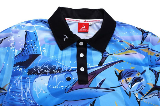 A blue fishing-themed polo shirt featuring various fish designs and a black collar, with a logo on the front.