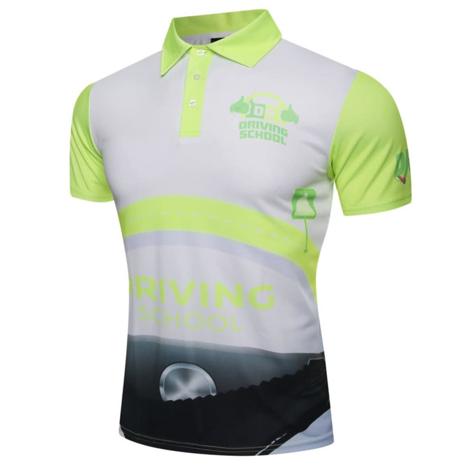 A short-sleeved polo shirt in bright green and white featuring a logo and road-themed graphic design.