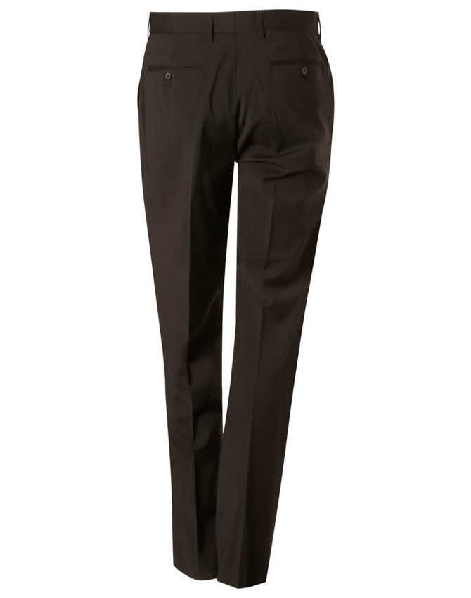 Men's stretch wool blend pants in dark brown, featuring a sleek design with back pockets and a logo.