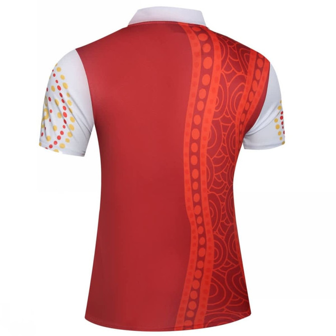 A red and white polo shirt featuring a unique patterned design on the back, with a logo present.