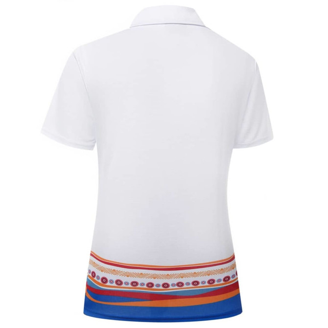 A white polo shirt with a colourful patterned design along the hem, featuring red, orange, and blue stripes.