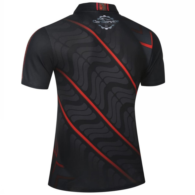 A black mechanic engineer uniform featuring a patterned design with red accents and a logo on the back.