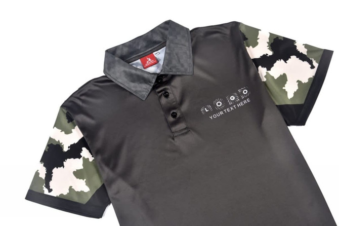 A camouflage polo shirt featuring black and green patterns, with a grey collar and a logo on the front.
