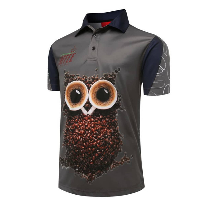 A camouflage polo shirt featuring a graphic of an owl made of coffee beans, in shades of grey and black.