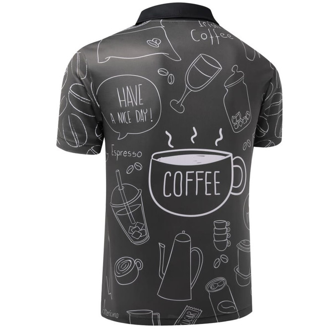 A camouflage sublimation polo shirt featuring various coffee-themed illustrations in dark colours. It has a logo on the collar.