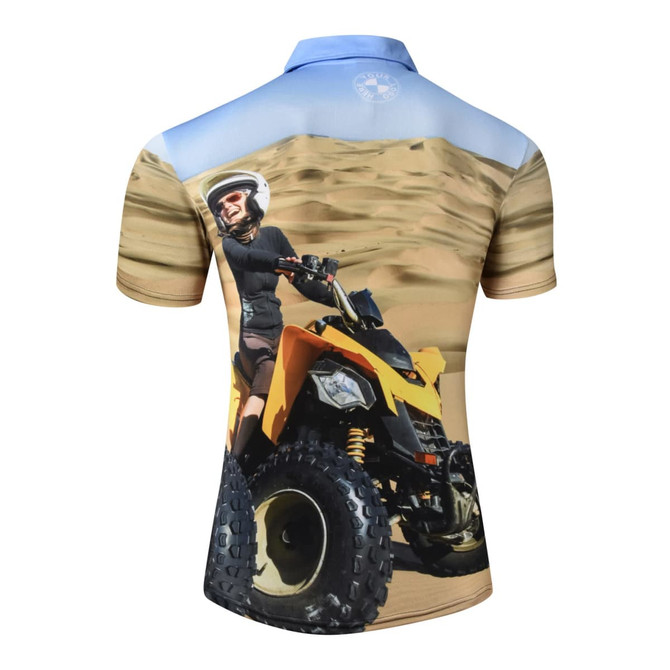 A short-sleeved polo shirt featuring an off-road vehicle design in earthy tones with a blue collar and a logo.