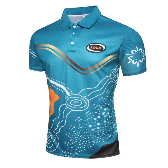 A polo jersey in turquoise featuring Aboriginal artwork with intricate designs and a logo on the chest.
