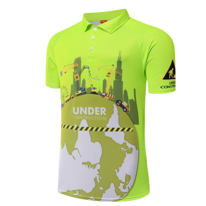 A vibrant lime green polo jersey with construction-themed graphics and a logo on the sleeve.