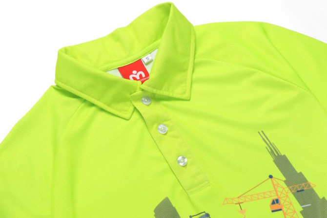 A bright lime green polo jersey featuring a collar and a design with construction elements. It has a logo on the collar.
