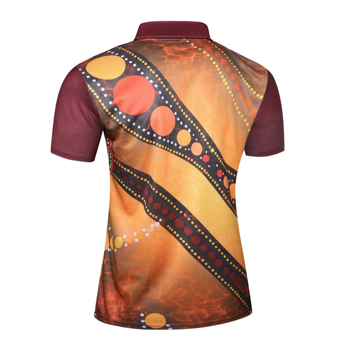 A customised Aboriginal polo shirt featuring a vibrant design of orange, maroon, and dotted patterns. It has a logo.
