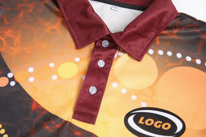 A customised Aboriginal polo featuring a vibrant design with shades of orange and maroon, and a logo on the side.