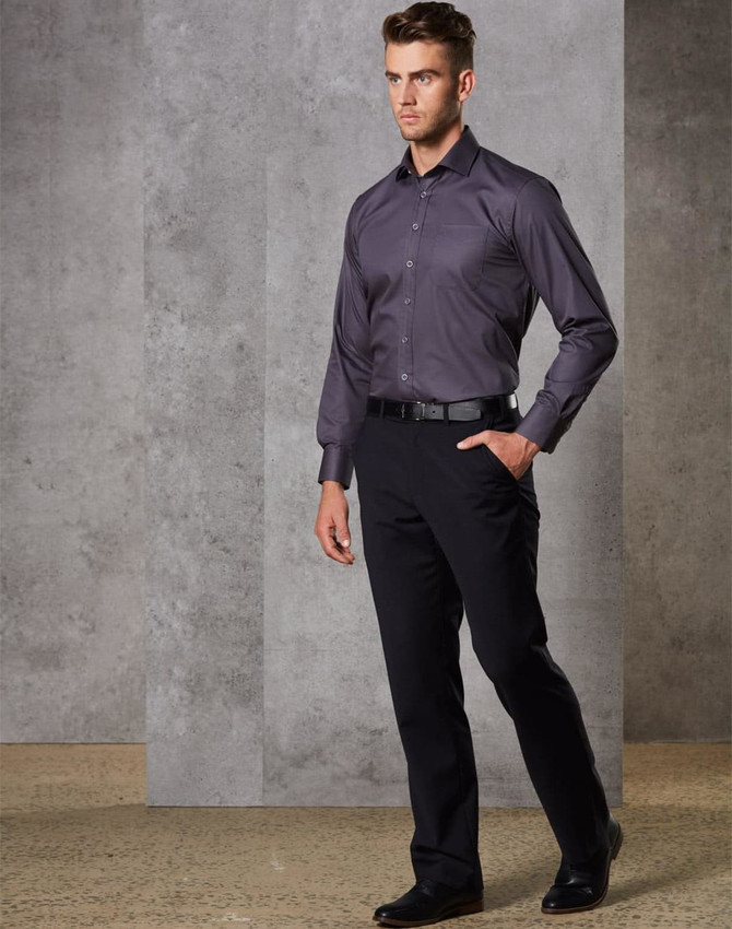 Men's stretch flexi waist pants in black paired with a grey long-sleeved shirt and black shoes, featuring a logo.