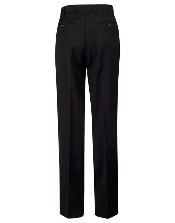 Men's black wool blend stretch pants with a flexi waist, featuring two back pockets and a tailored fit.