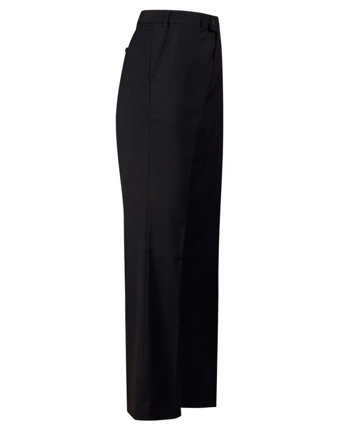 Men's black wool blend stretch flexi waist pants displayed from the side. Features a smooth, tailored silhouette.