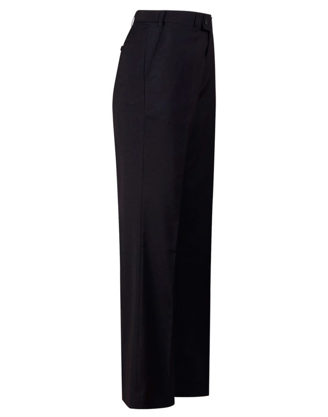 Black wool blend stretch flexi waist pants shown from the side, featuring a tailored fit and pockets.