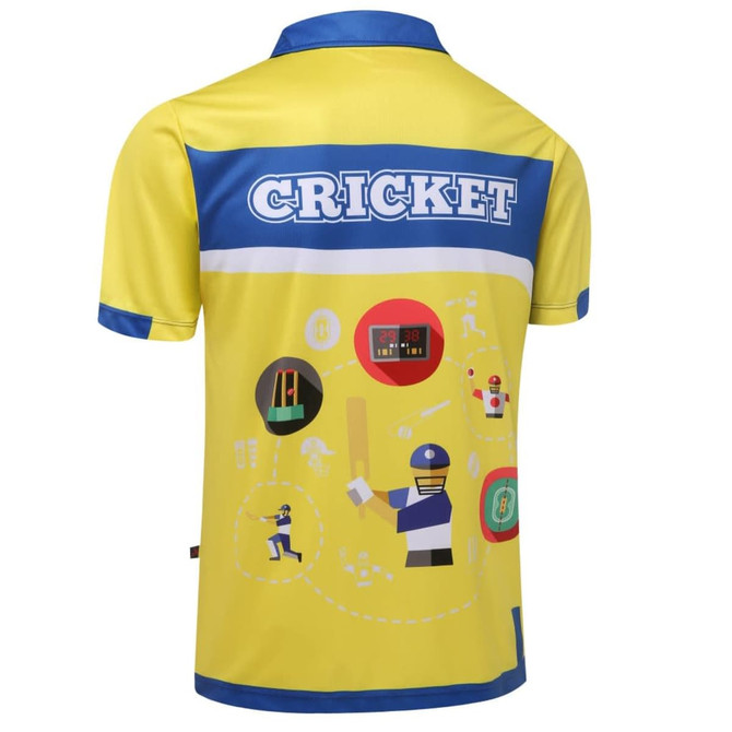 A yellow and blue cricket shirt featuring various cricket-themed illustrations and a logo on the back.