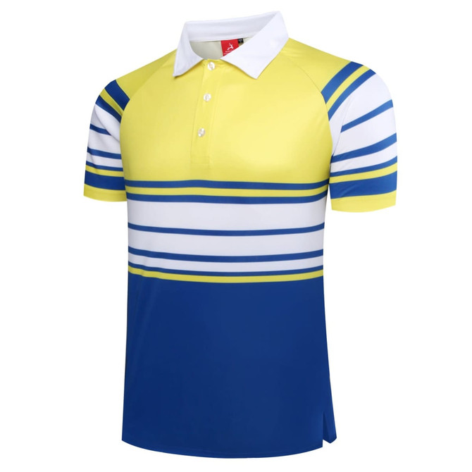 A polo shirt featuring interlock fabric in bright yellow, white, and blue with horizontal stripes and a collar.