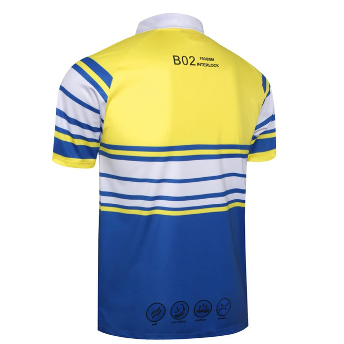 A polo shirt made from interlock fabric featuring yellow, blue, and white stripes, with a logo and design at the back.